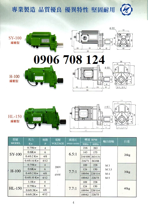 Motor dầm biên Sheng yin 0.75 kw
